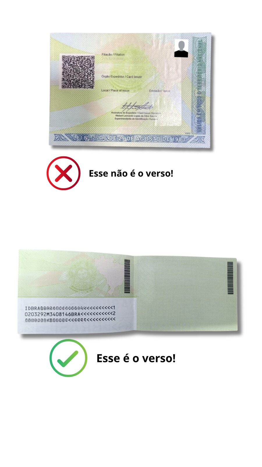 Comparação mostrando o verso incorreto e o verso correto da carteira de identidade
