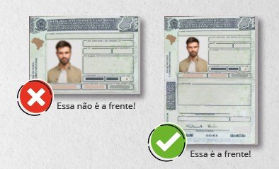 Comparação mostrando a frente incorreta e a frente correta da CNH antiga aberta